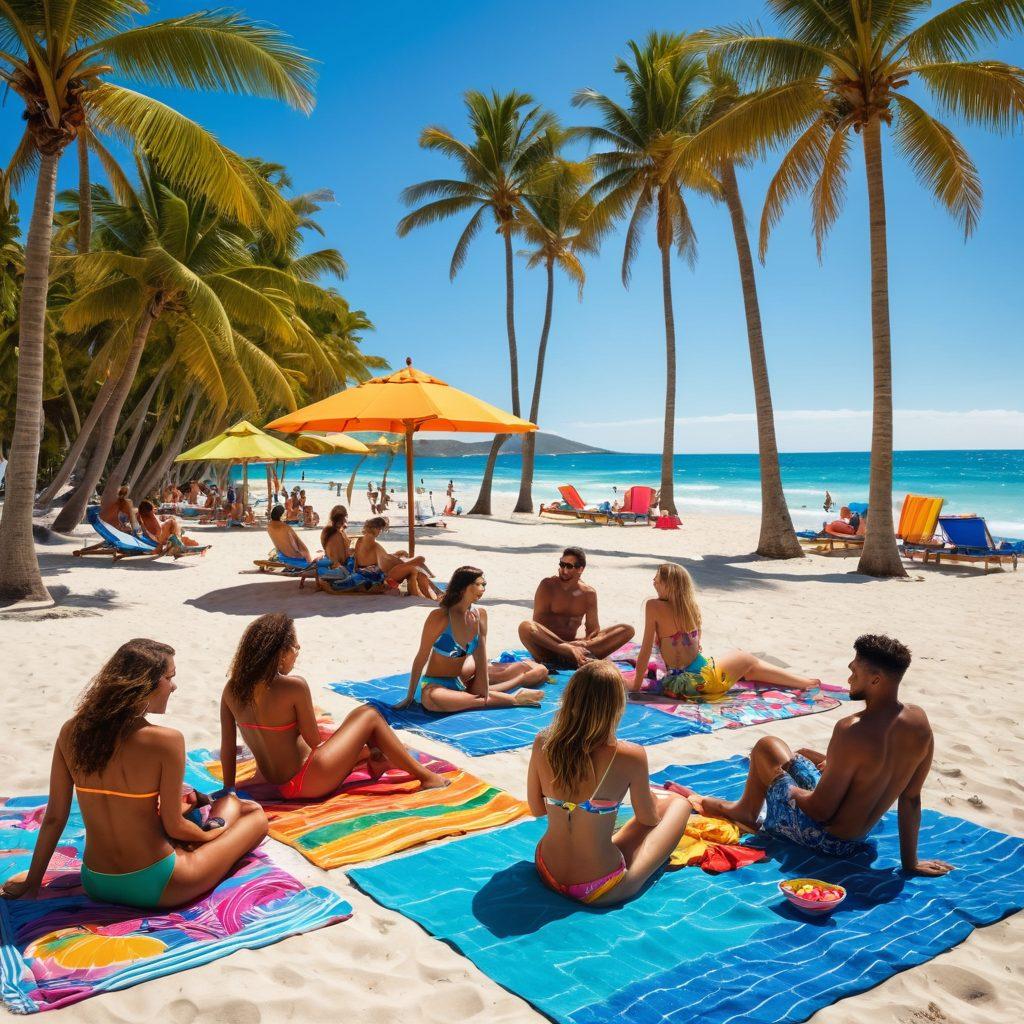 A stunning beach scene showcasing diverse individuals wearing vibrant, stylish beachwear of various patterns and colors. Sunbathers lounge on colorful towels with tropical drinks, while others engage in social activities like beach volleyball and chatting. The setting features a bright blue sea and a clear sky, with palm trees and vibrant beach umbrellas. The emphasis is on fun, sun, and fashion in a lively beach atmosphere. super-realistic. vibrant colors. sunny backdrop.